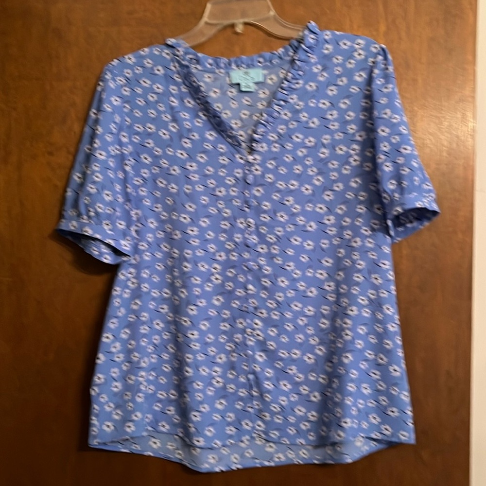 Lightweight button up top with ruffle neck